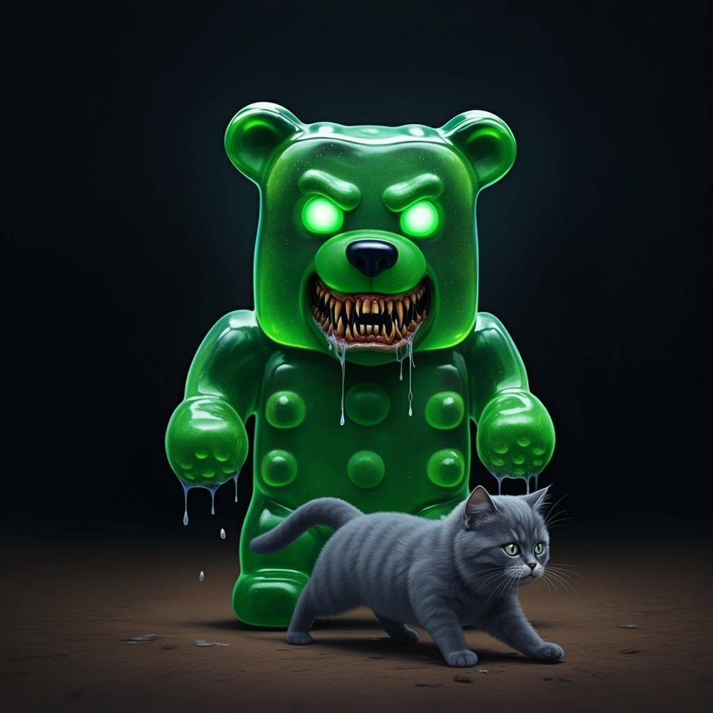 Gummy Bear Monster Chasing Cat, Sinister Digital Art