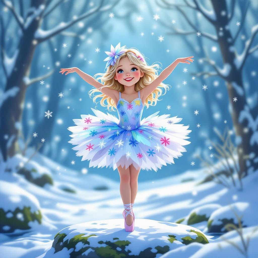Ballerina Dances on Stone in Snowy Rainbow Tutu