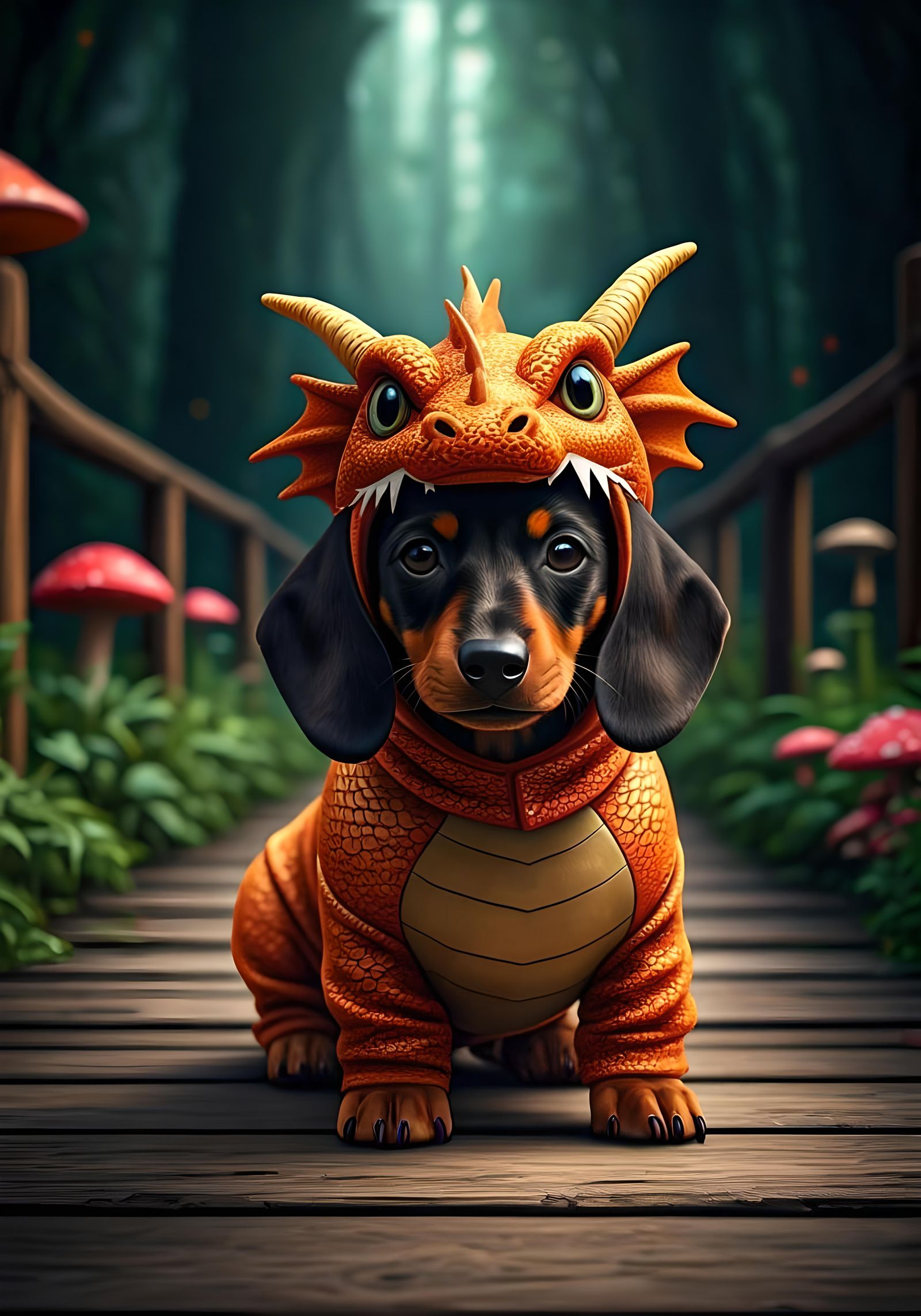 Cheerful Dachshund Puppy in Dragon Costume