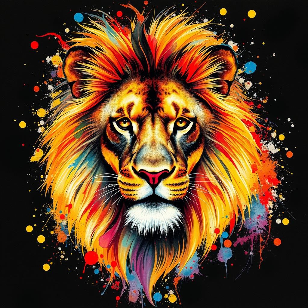 Vibrant Lion with Watercolor Ink Splatters