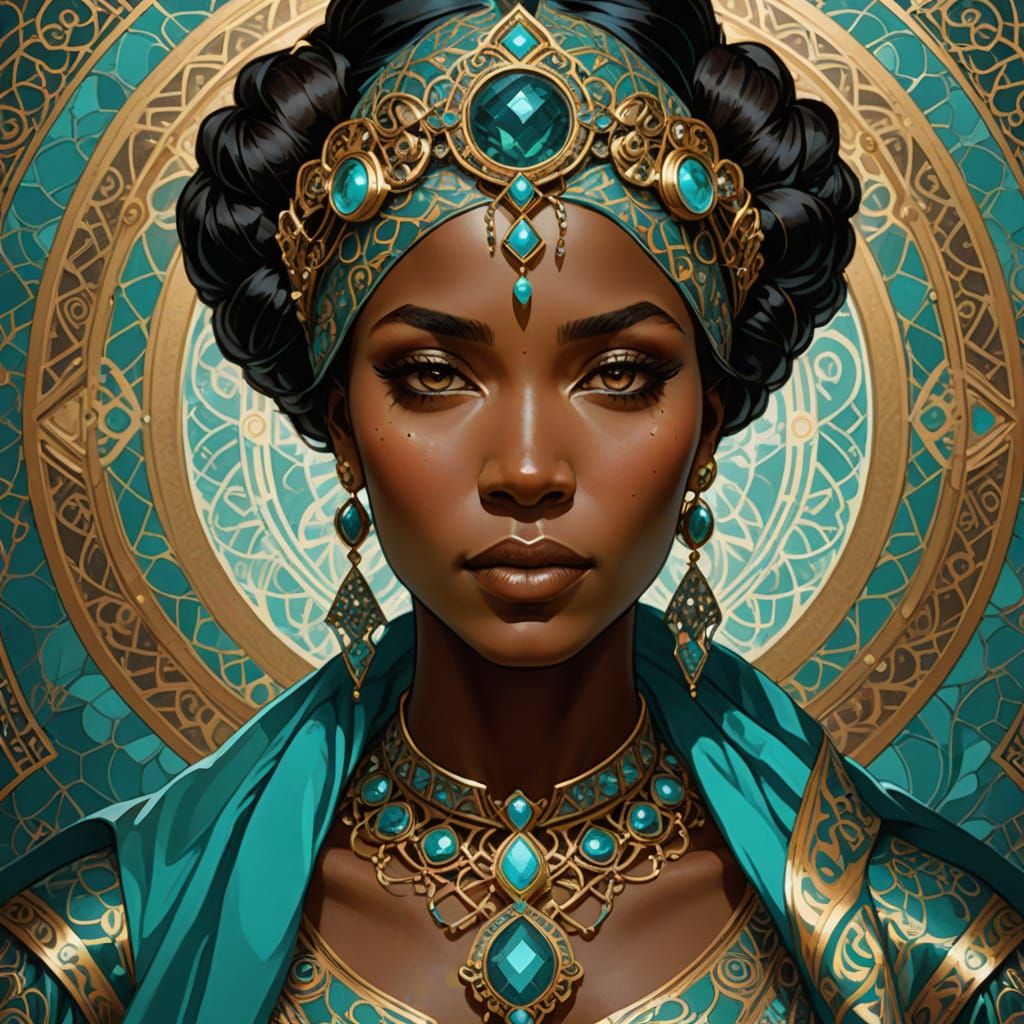 Woman with Turquoise Arabesque Ornament in Art Nouveau Style
