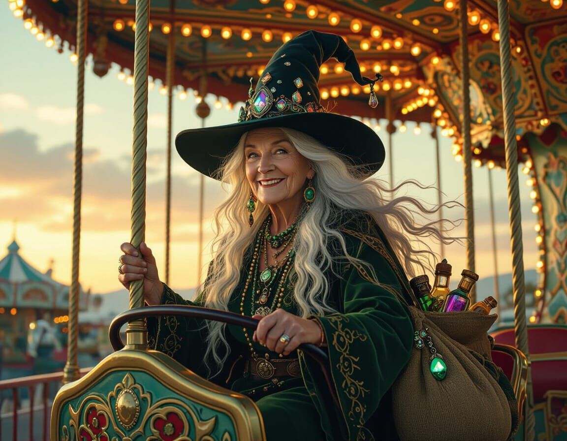 Celtic Witch on Carnival Ride in Art Nouveau Style