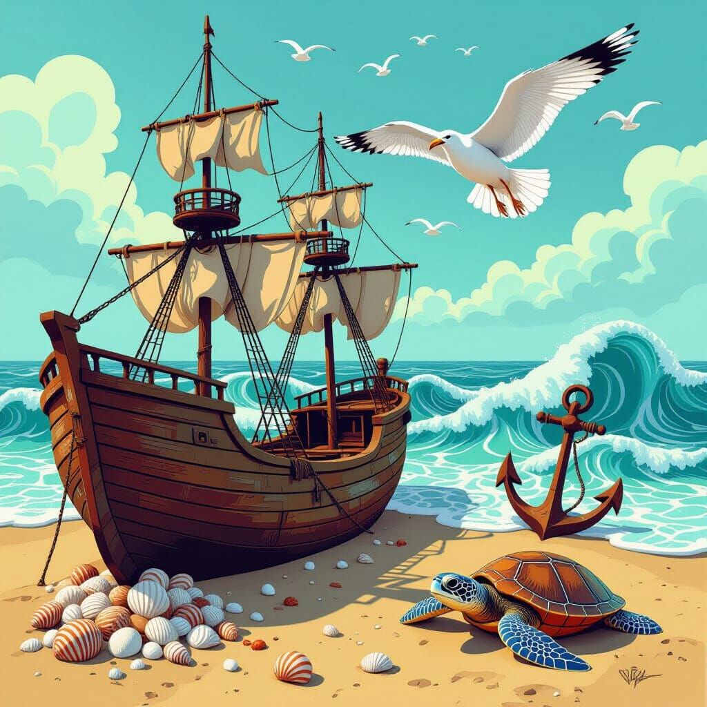 Detailed Wire Shipwreck Sculpture on a Beach