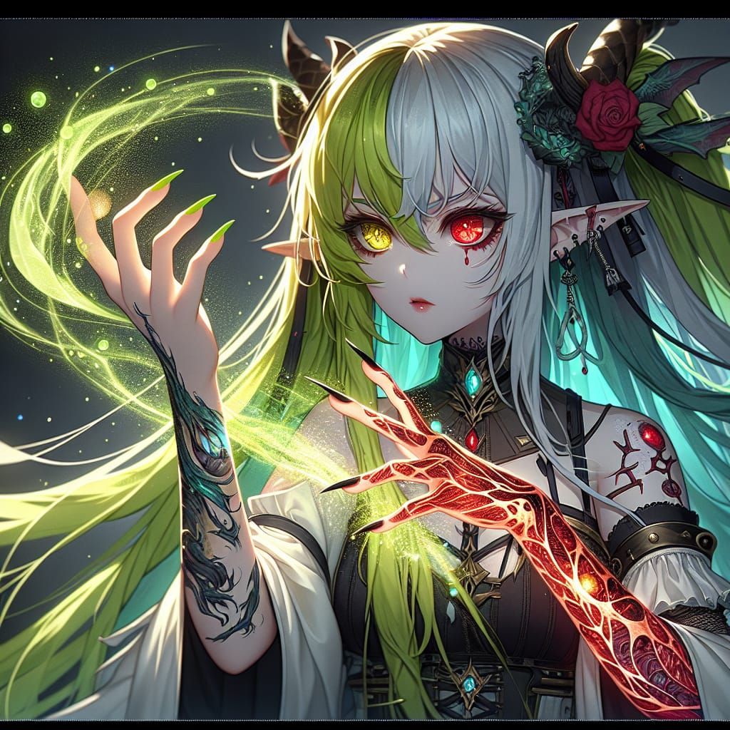 Anime Vampire Girl with Elemental Magic Tattoos