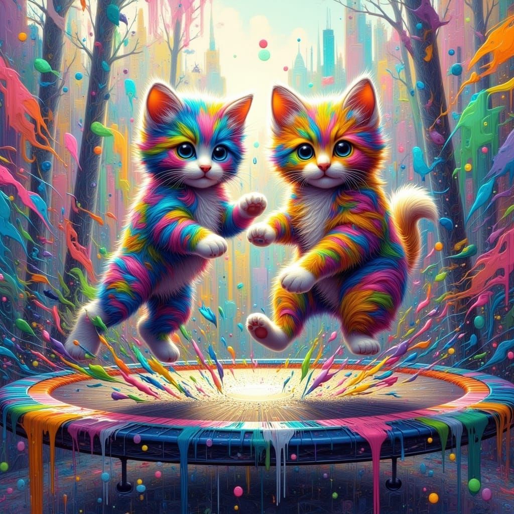 Playful Kitten and Puppy Trampoline Art in Graffiti Style