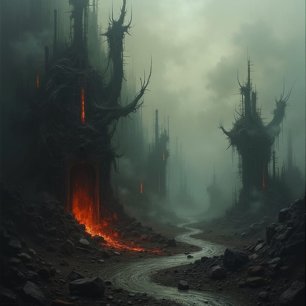 Industrial Dystopian Hellscape in Dark Ambient Style