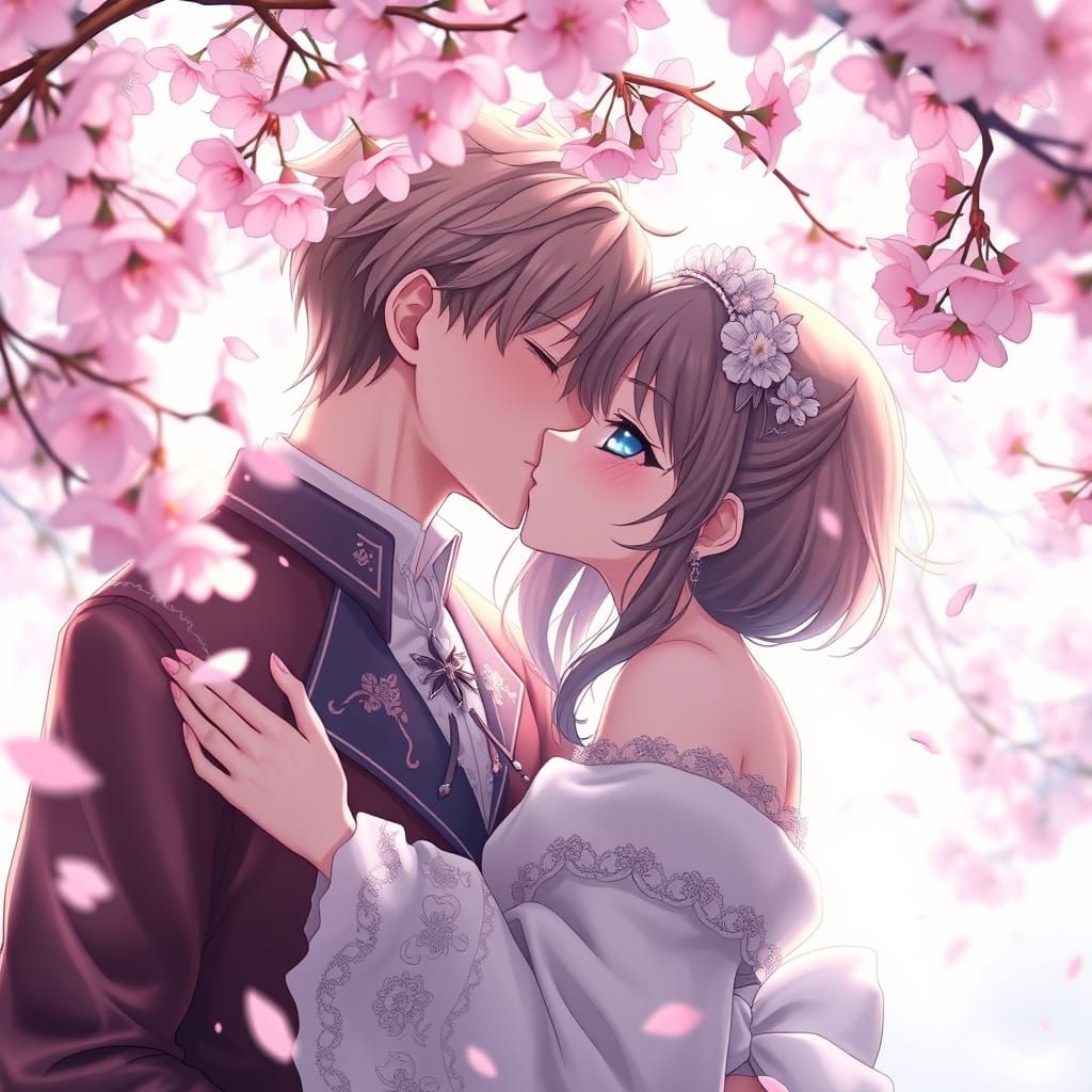 Romantic Anime Lovers Under Cherry Blossoms
