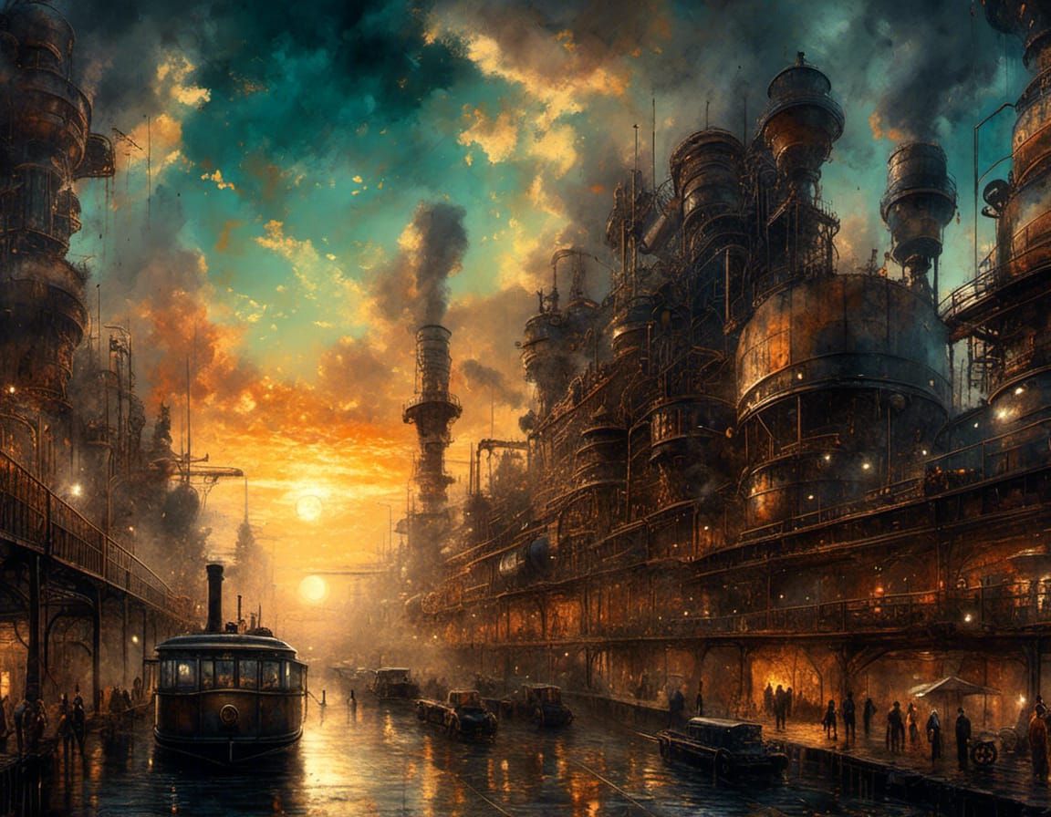 Dieselpunk City Sunrise in Watercolor Painting