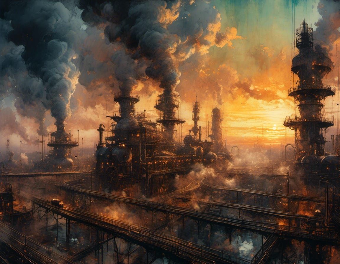 Dieselpunk City Sunrise in Watercolor Style