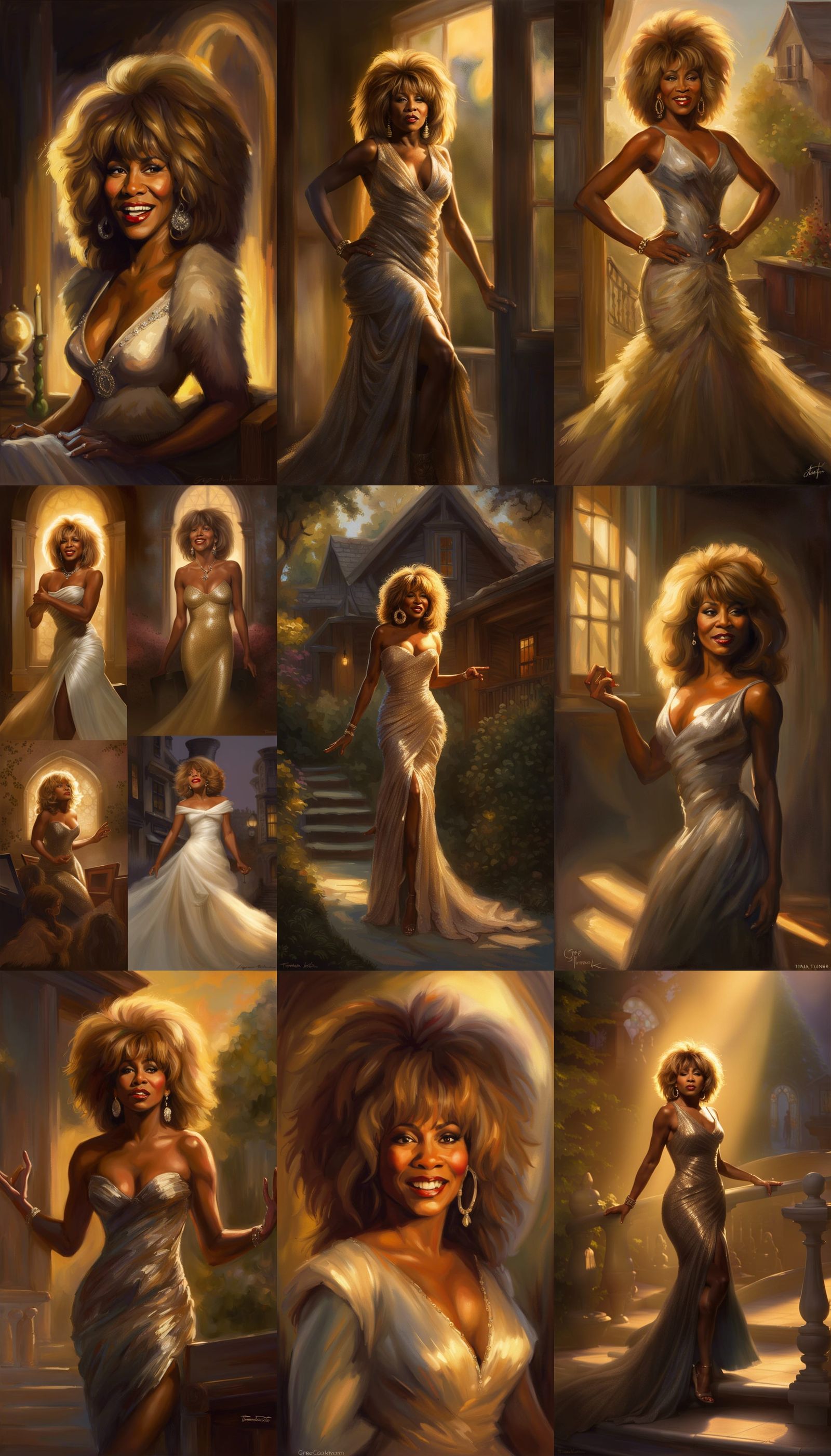 Remembering Tina Turner in various gowns and attire in late afternoon lighting
