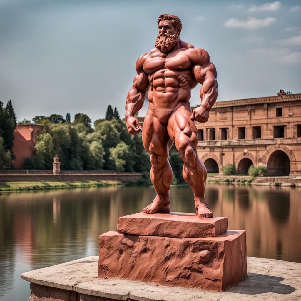 Red Clay Statue of a God-Like Bodybuilder