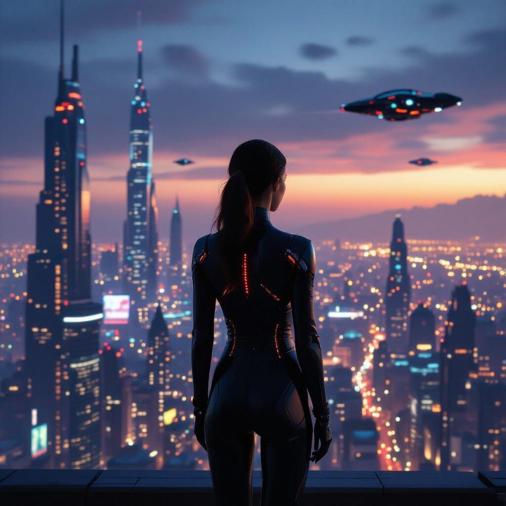 Woman Overlooks Futuristic Cityscape at Dusk