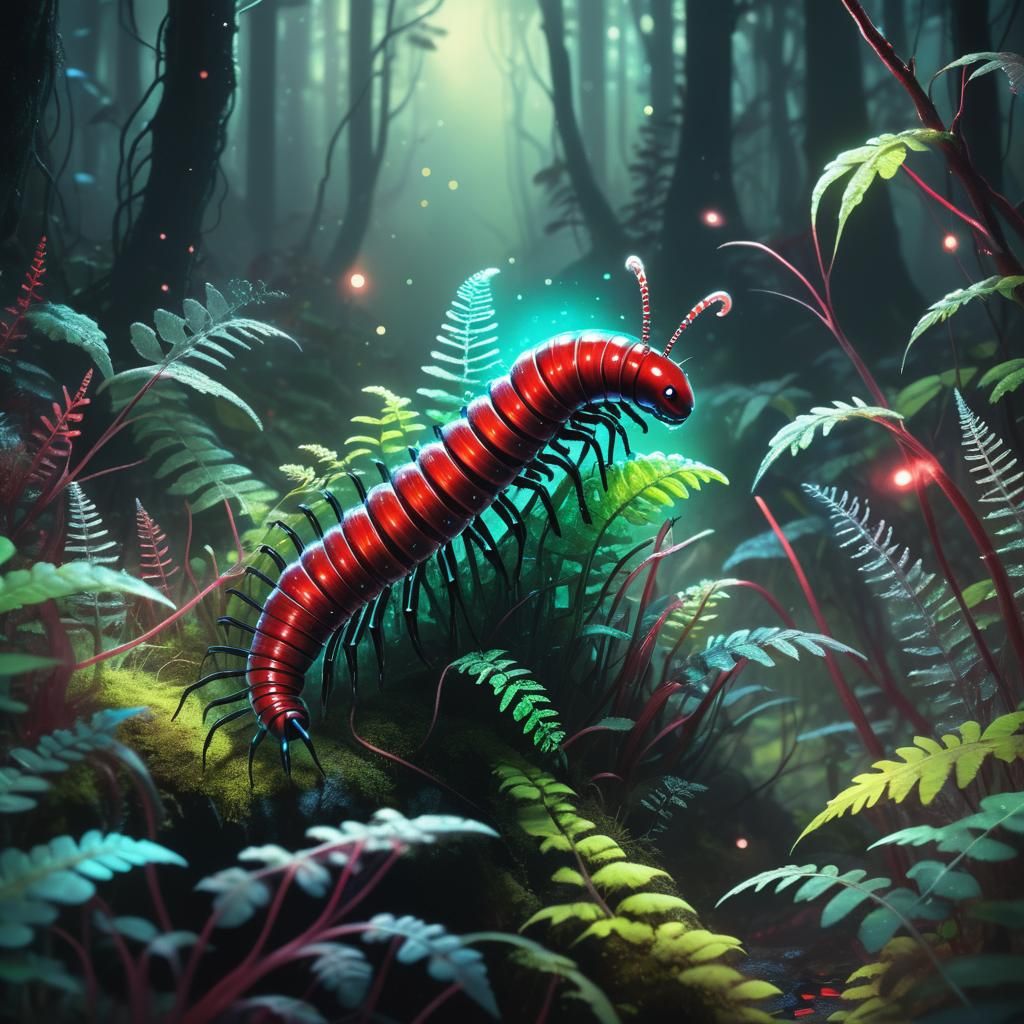 Bioluminescent Alien Millipede in Iridescent Forest