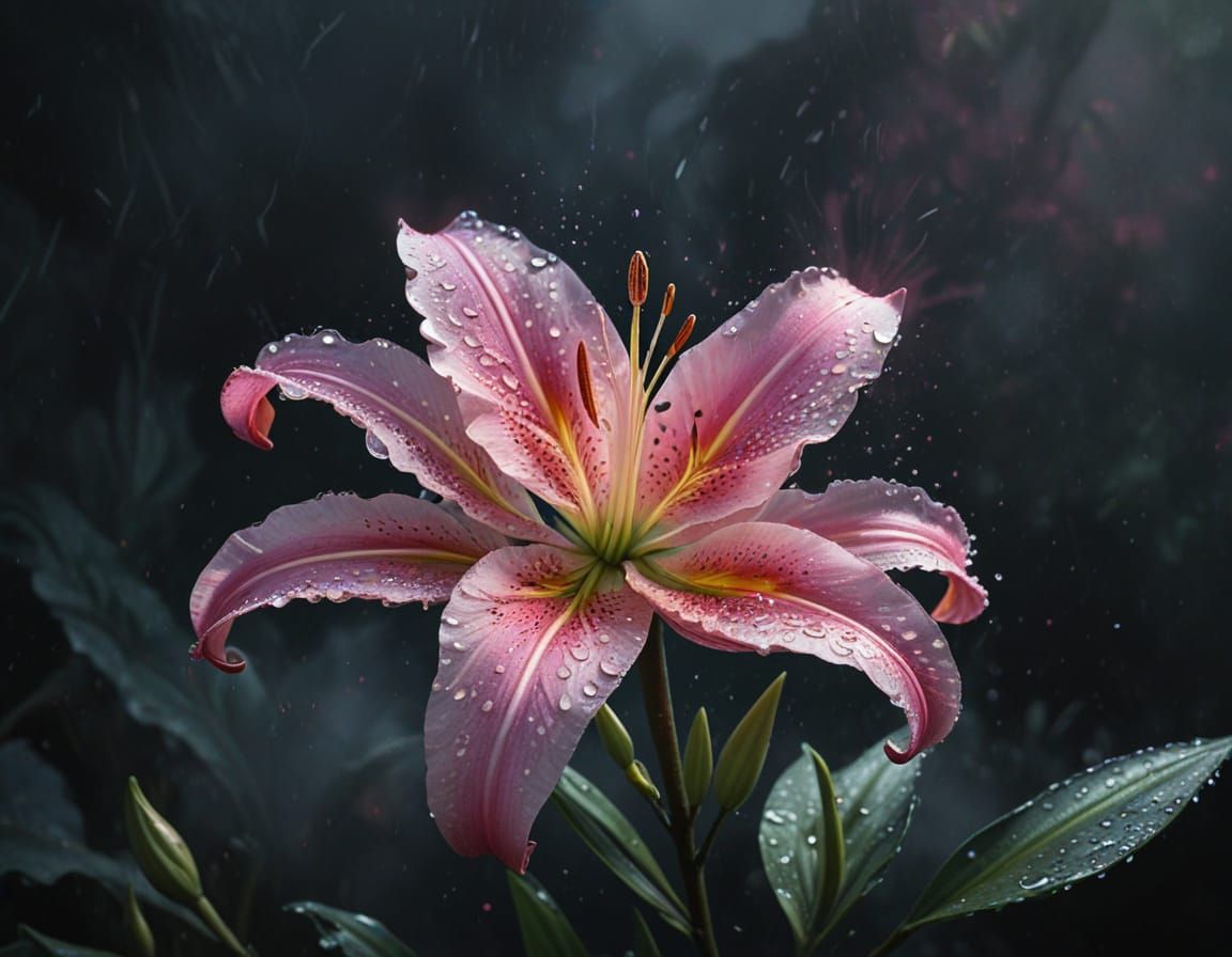 Pink Lily with Dewdrops and Color Splashes Matte Painting