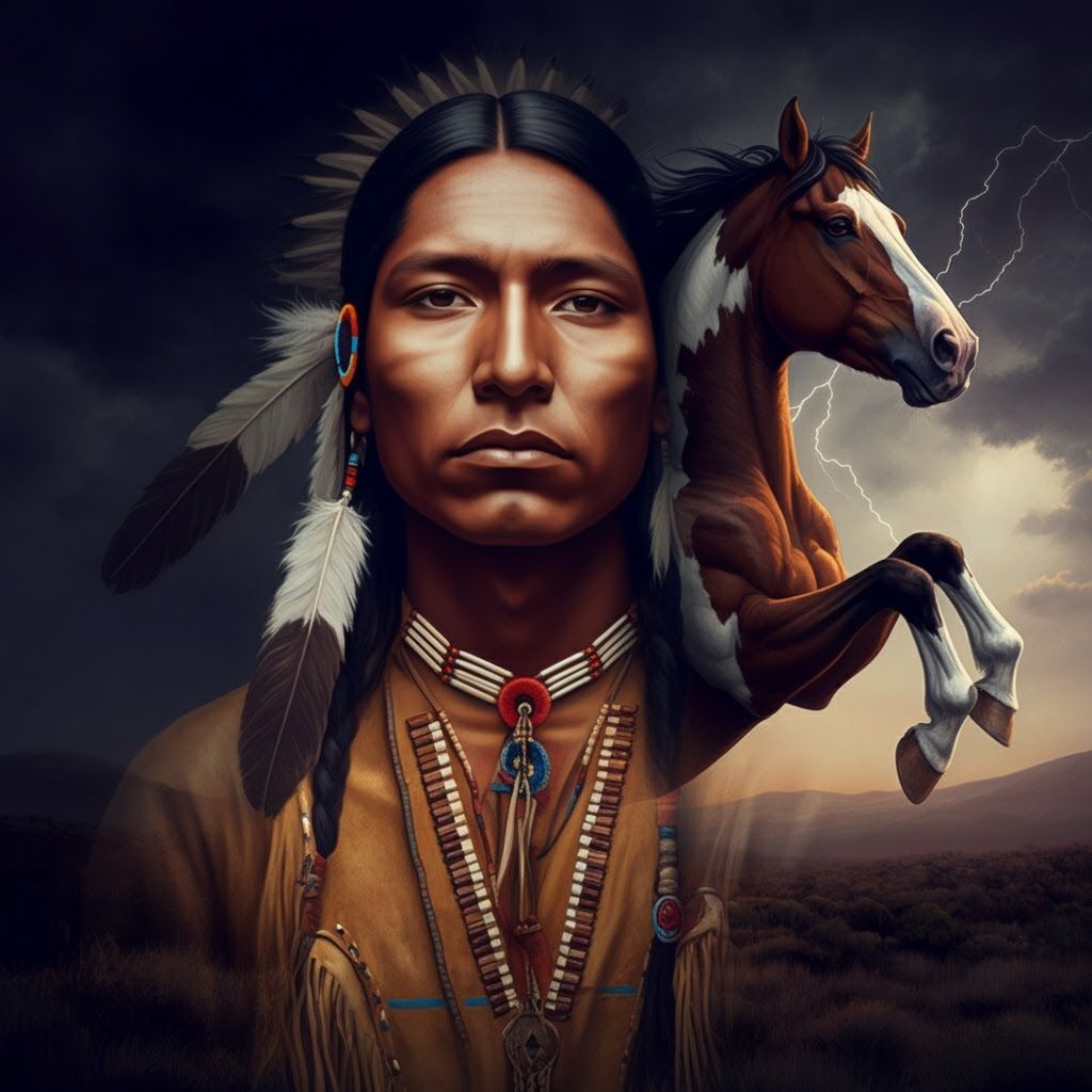 Native American Man in Storm, Hyperrealistic Oil Painting