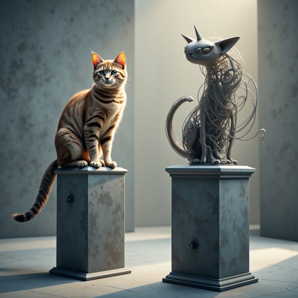Cat Sculpture and Real Cat in Museum
