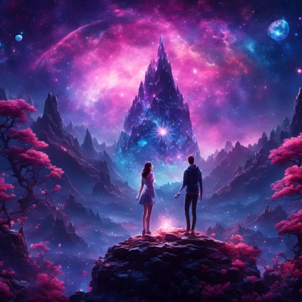 Glittering Galaxy with Figures in Hyperreal Style