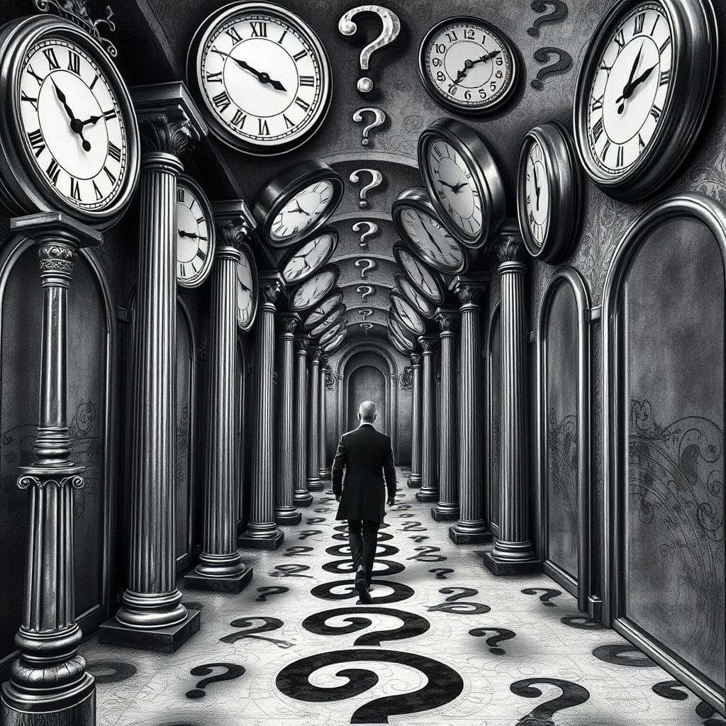 Surrealist Figure in Warped Clock Hallway