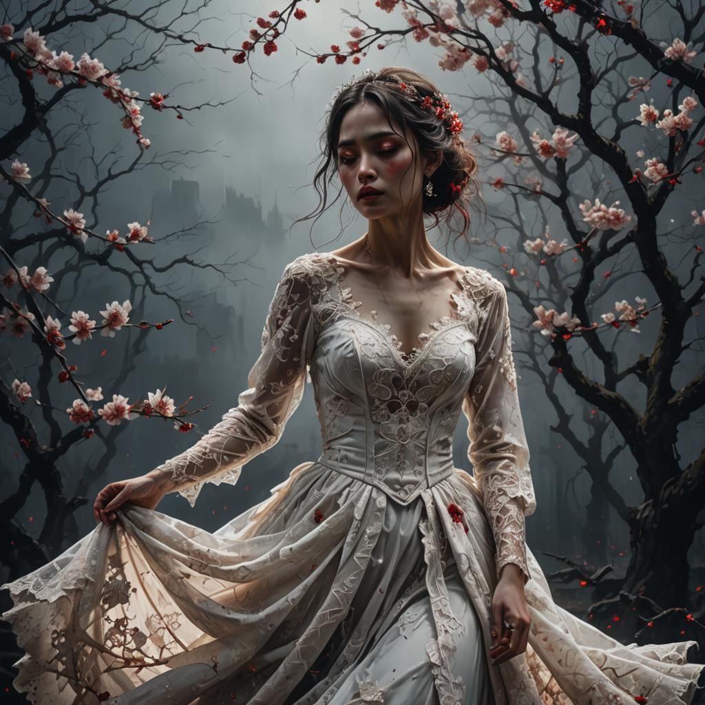 Dark Surrealist Bride Undressing with Cherry Blossoms