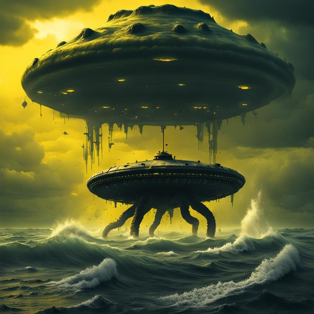 Sea Monster in Stormy, Oil-slick Sea with UFO