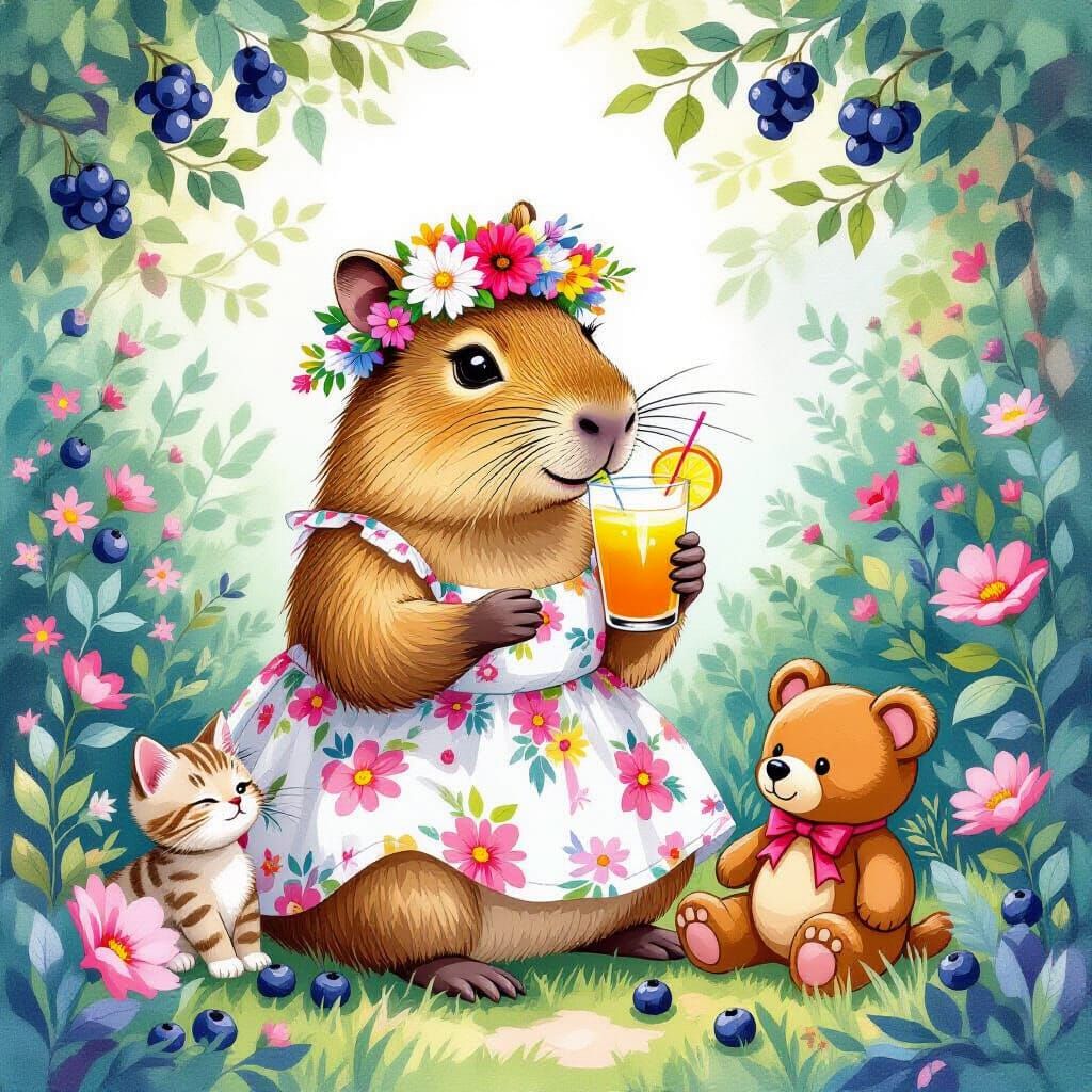 Capybara's Blueberry Picnic: A Watercolor Fantasy
