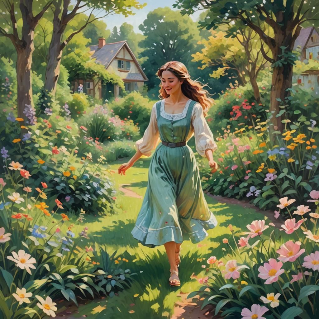 Impressionist Woman Dancing in Lush Cottagecore Garden