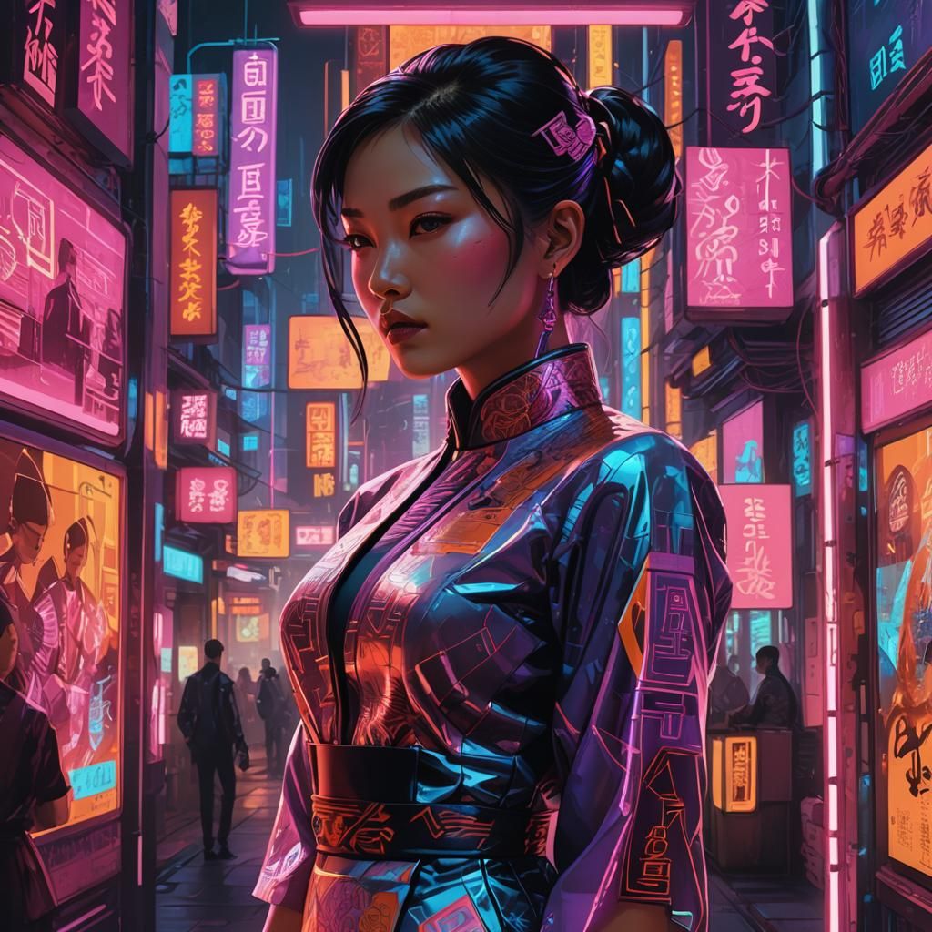 Cyberpunk Girl in Qipao with Neon Lights