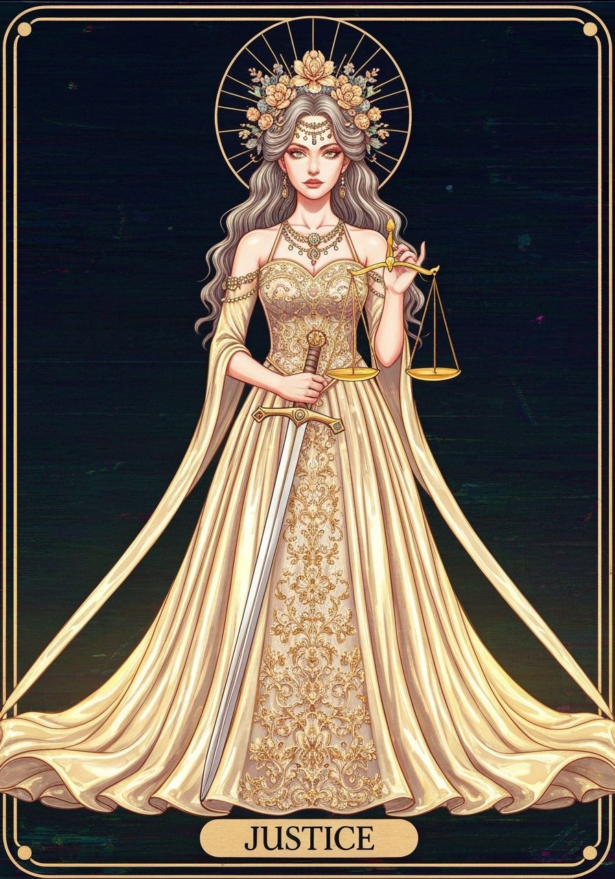 Shiny Metallic Tarot Card of Justice with Mystical Woman