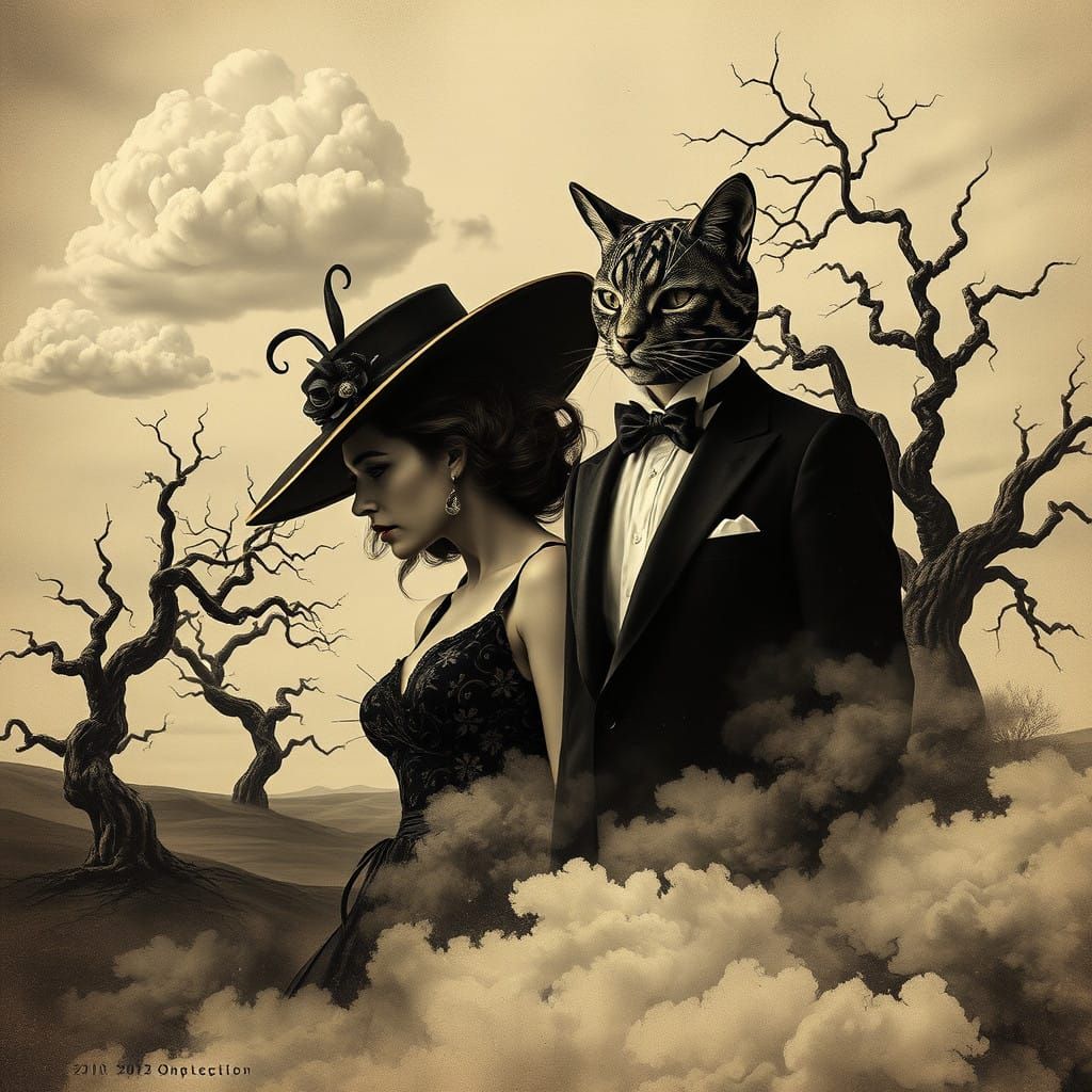 Vintage Surreal Collage of Mysterious Figures in Twisted Lan...