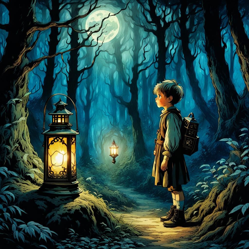 Terrified Child with Lantern in Dark Fantasy Forest