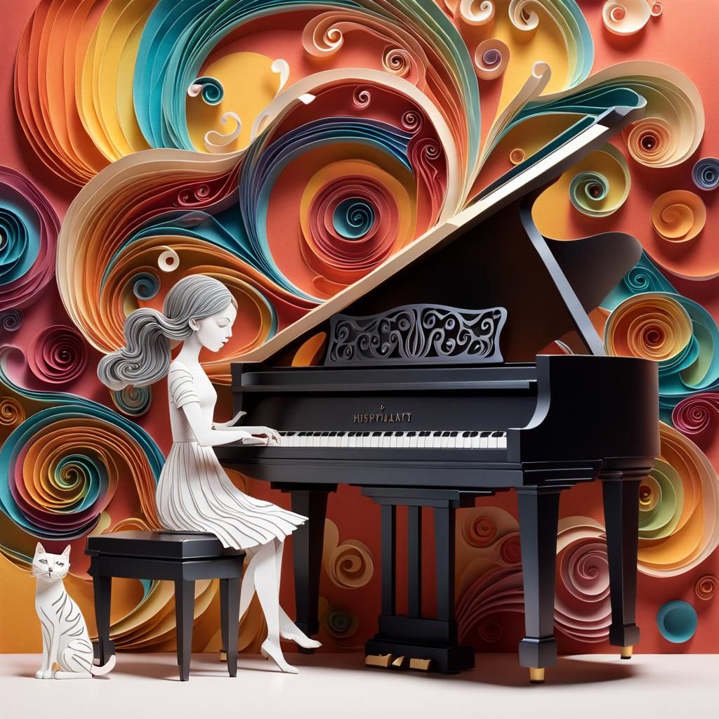 Girl Plays Piano with Cat: 3D Paper Artwork