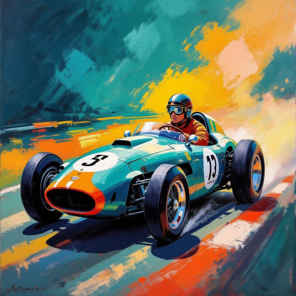 Vintage Race Car Impressionistic Art with Teal Orange Textur...