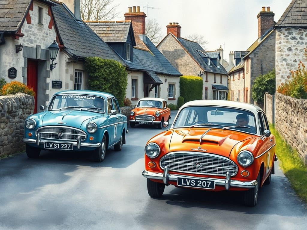 Vauxhall Cars Racing in Irish Village: Watercolor