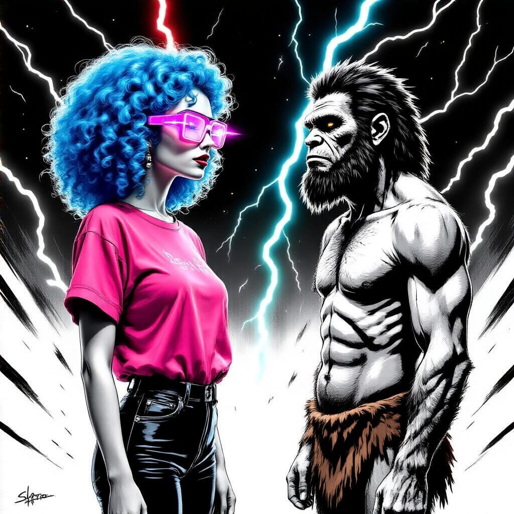 Futuristic Woman and Neanderthal in Sketch Style