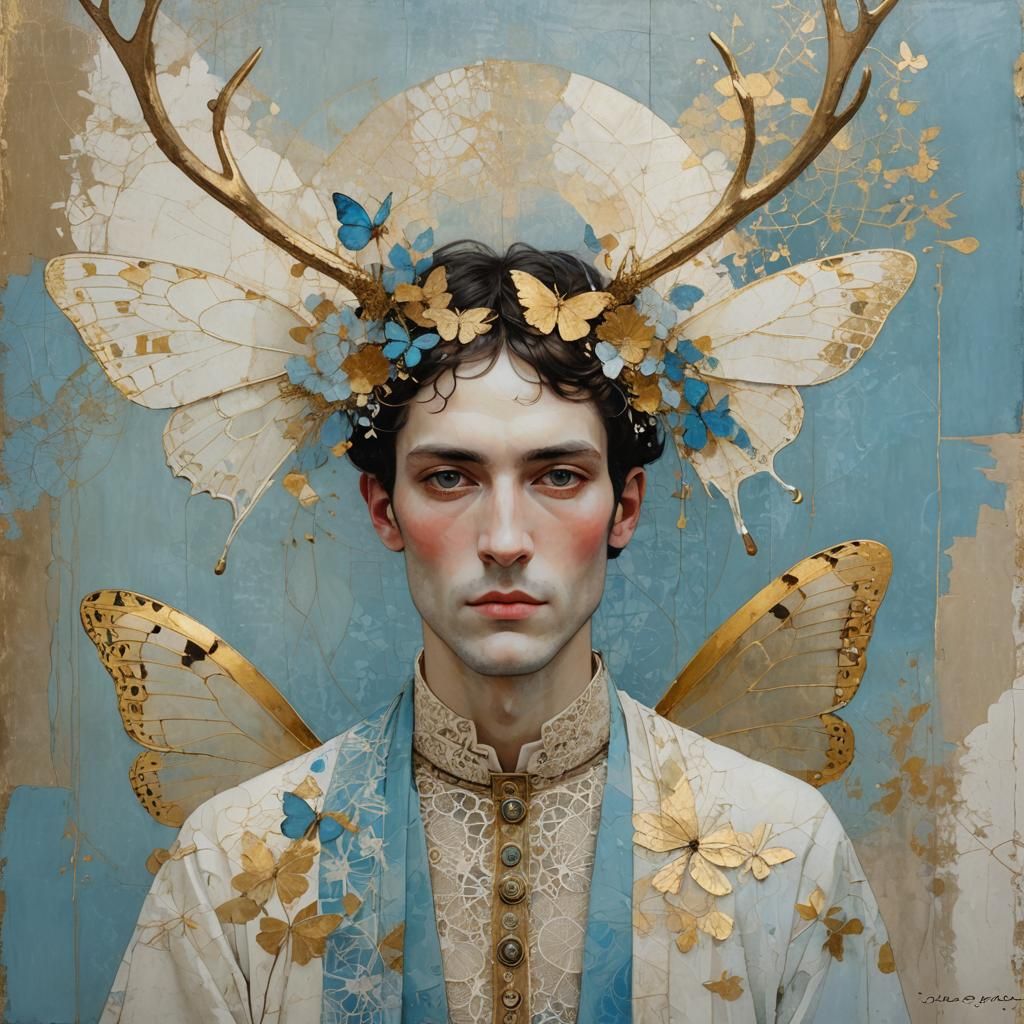 Celestial Man with Butterfly Wings and Antlers Portrait