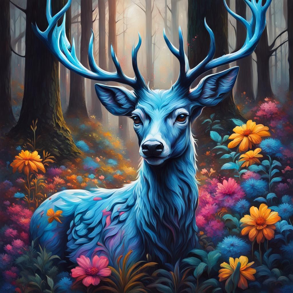 Mythical Blue Deer in Graffiti Art Style