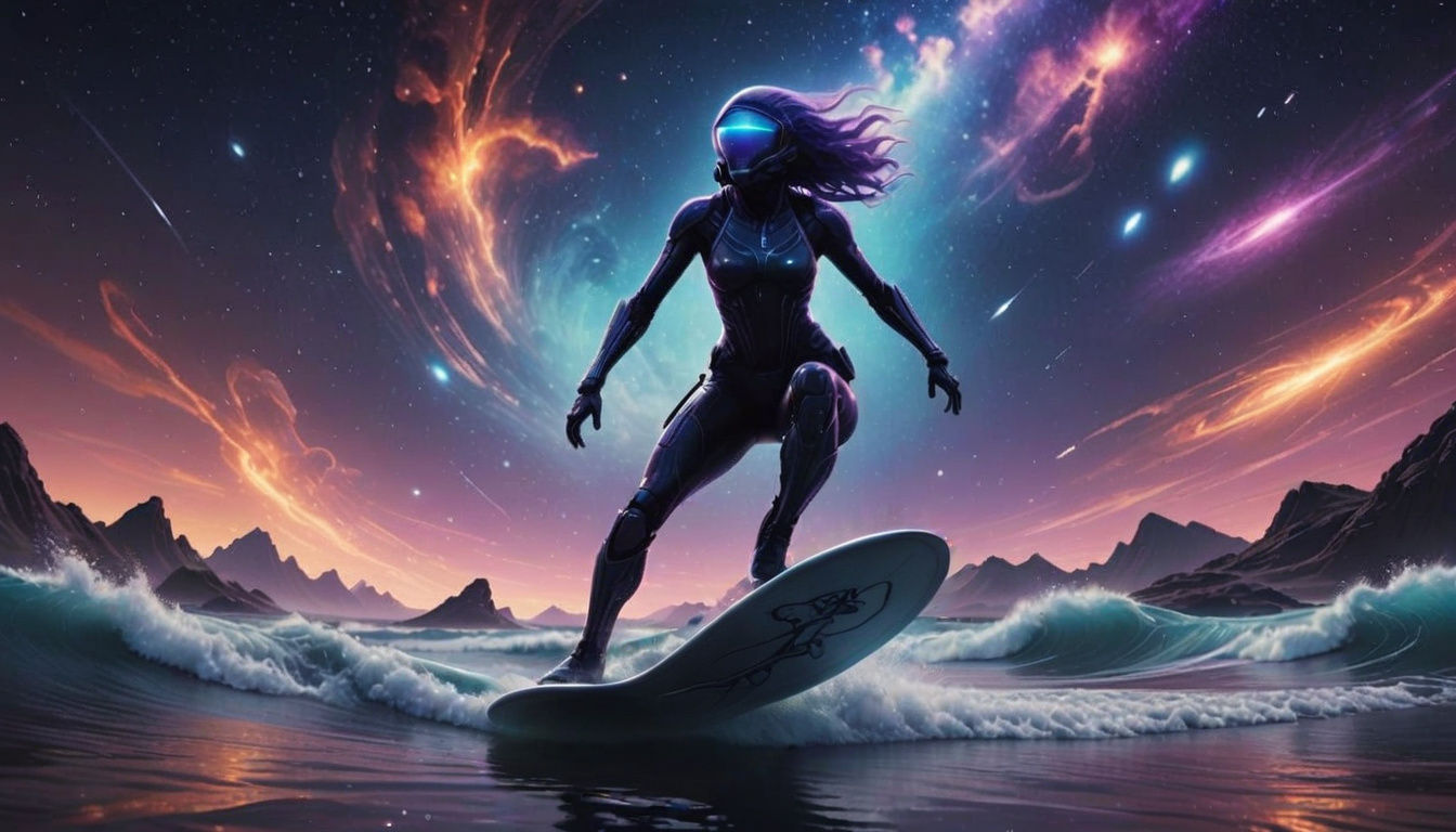 Ethereal Space Goddess Rides Nebula Surfboard in Dramatic Di...