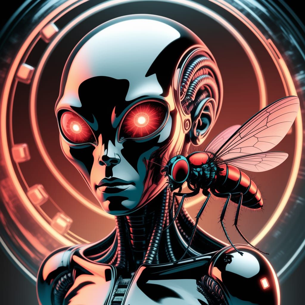 Cyberpunk Alien Face Merged with Chrome Fly