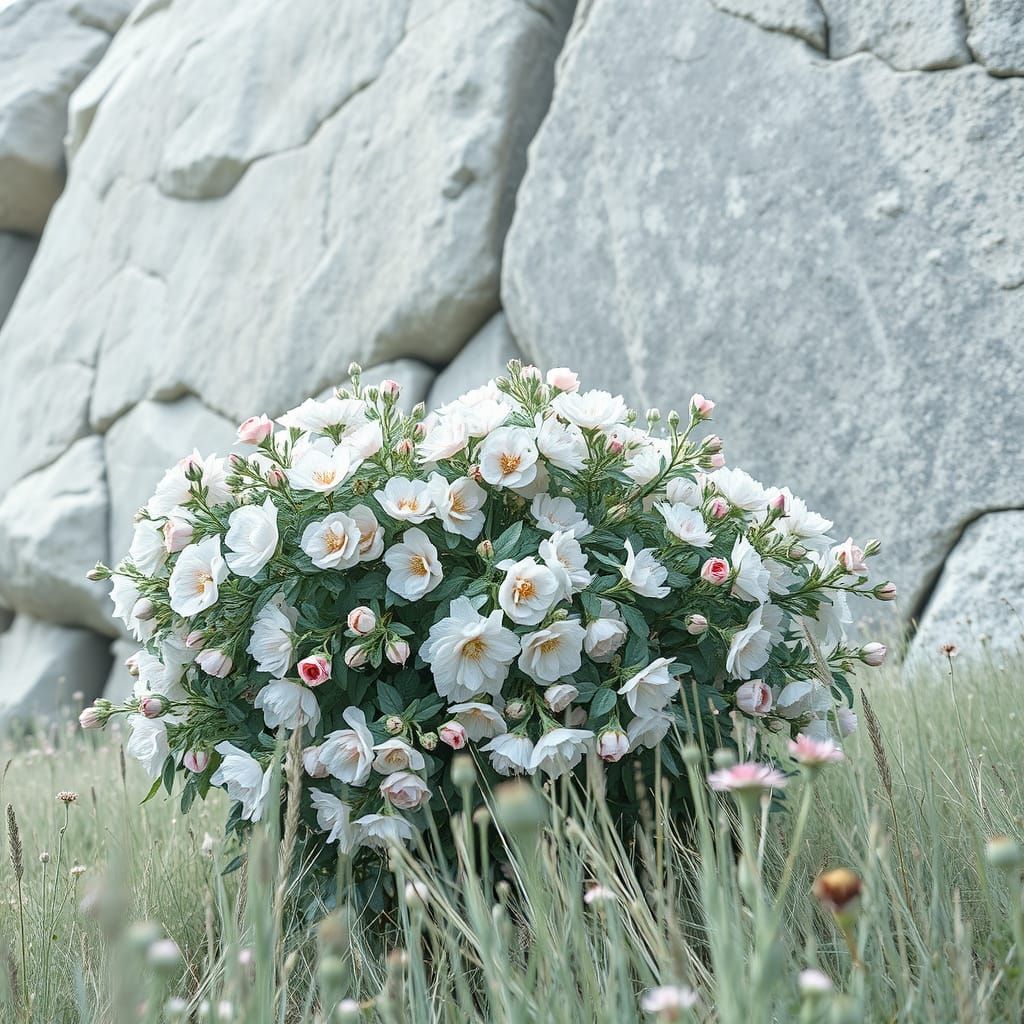 Ethereal Rosehip Bush Amidst Weathered Boulders in Dreamy Pa...