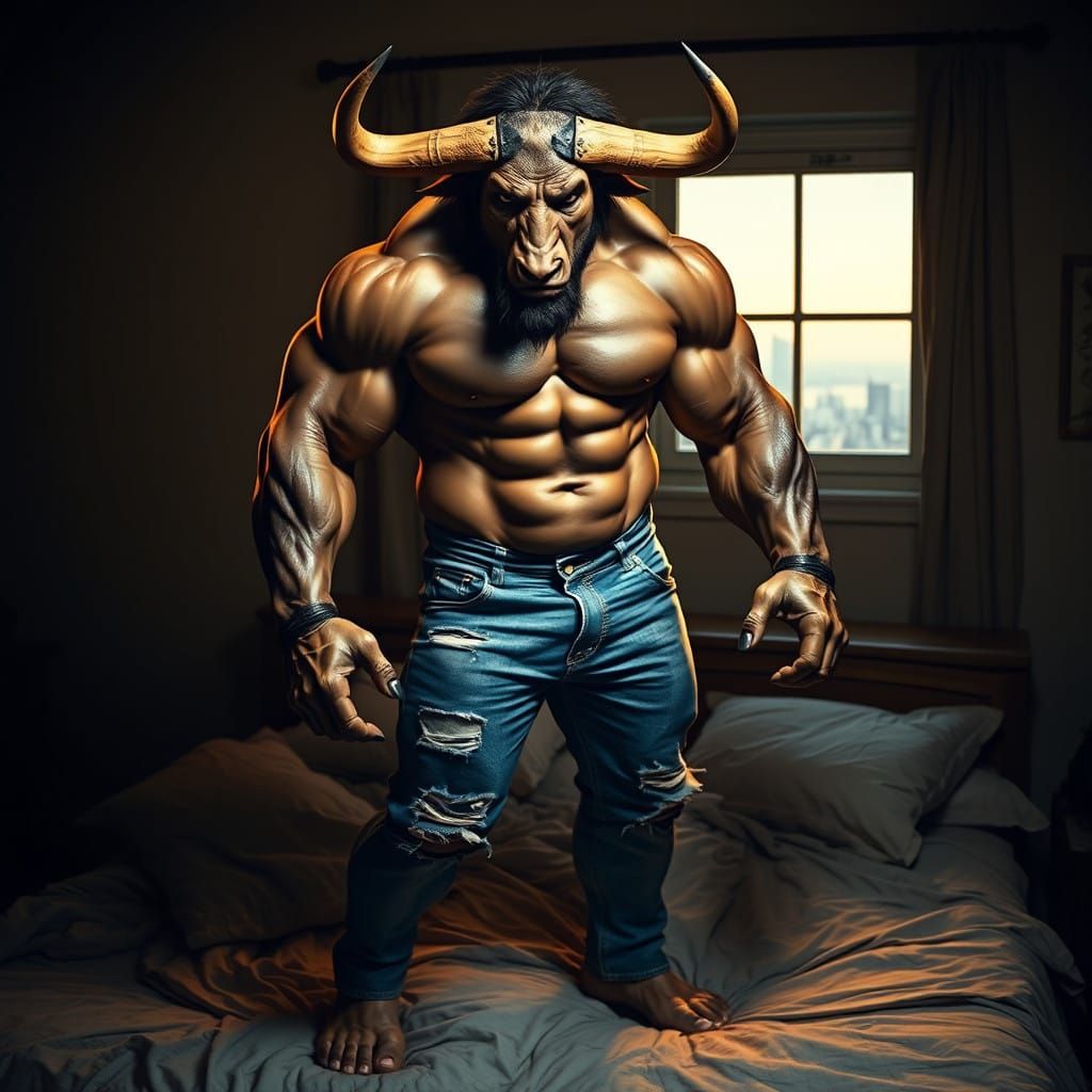 Hypermuscular Minotaur in Moody Bedroom