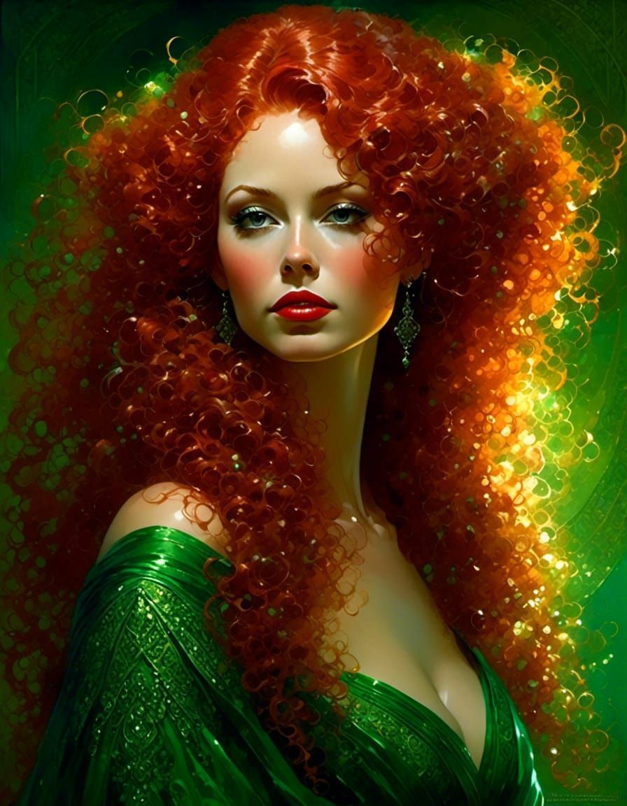 Red-Headed Goddess Portrait with Vivid Green Dress