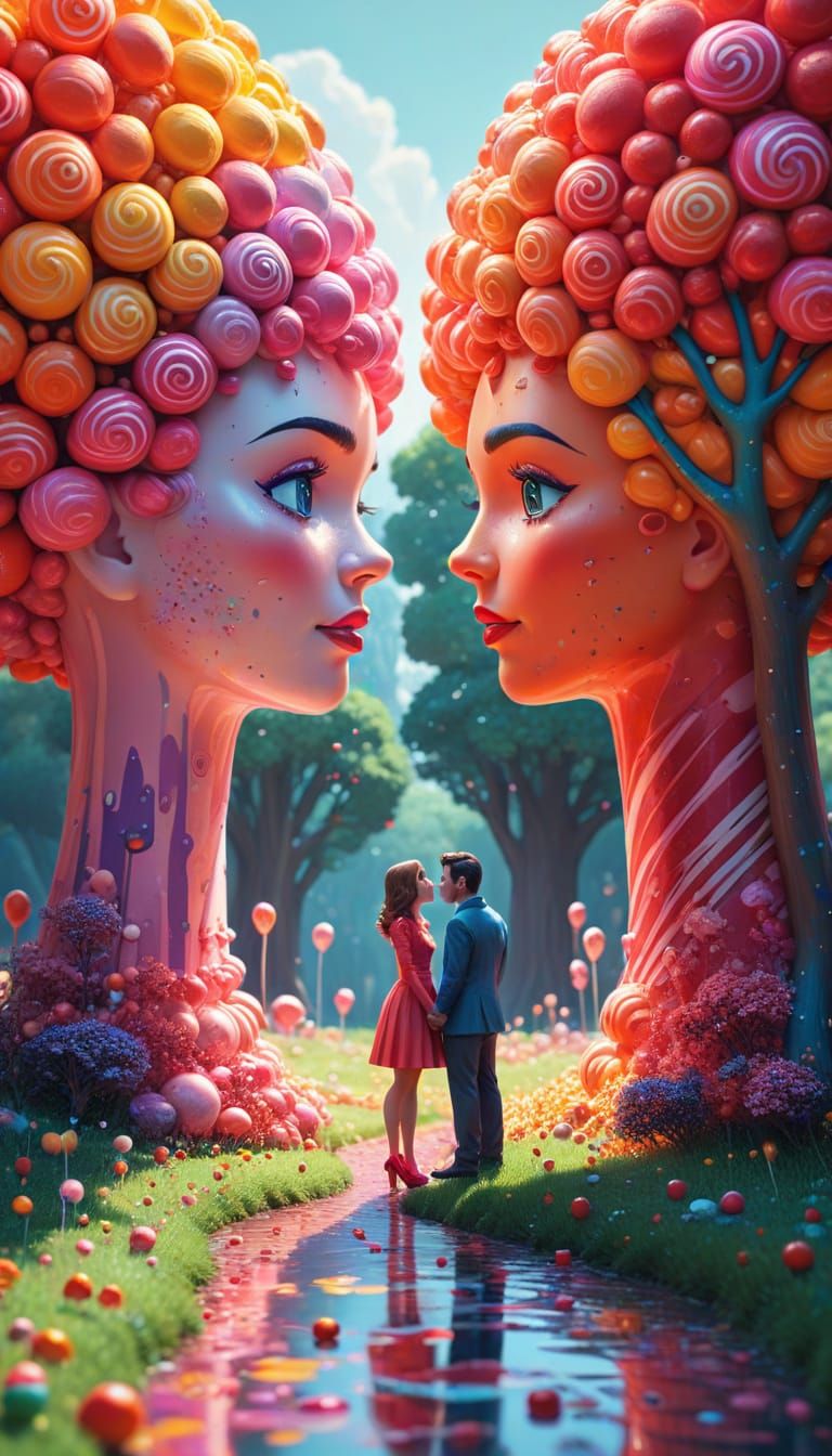 Whimsical Candy Land Romance: Crayon Couple in Vibrant Art S...