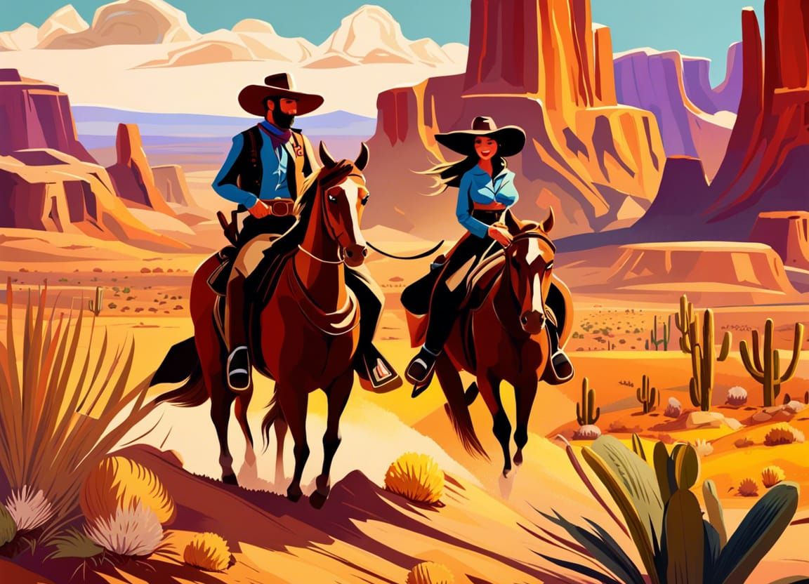 Cowboy and Cowgirl on a Desert Quests