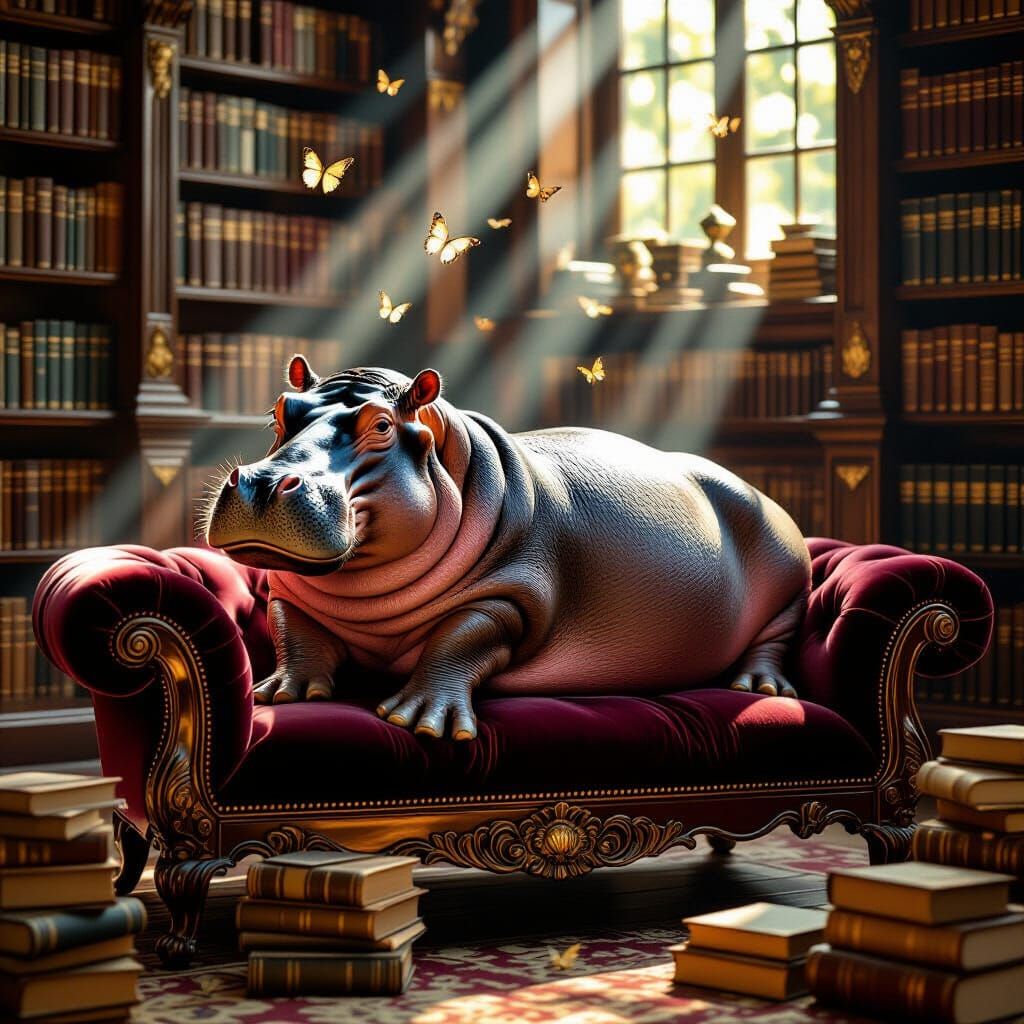 Majestic Hippopotamus Lounging in Sunlit Library