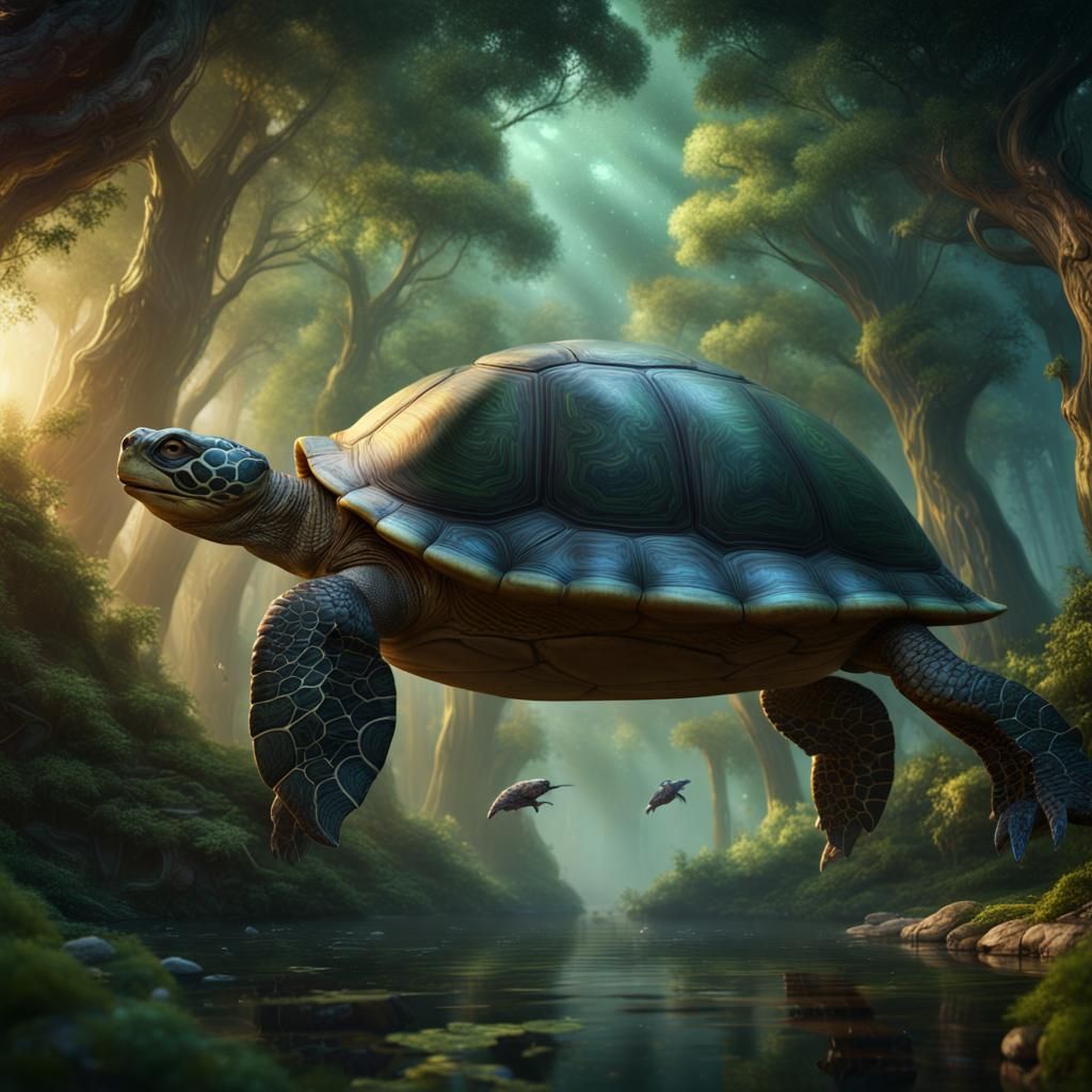 Giant Turtle Drifting in Space with Forest
