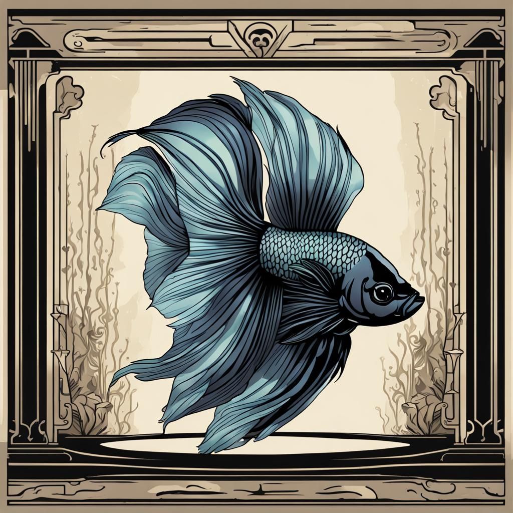 Black Crown Betta Fish in Art Deco Style