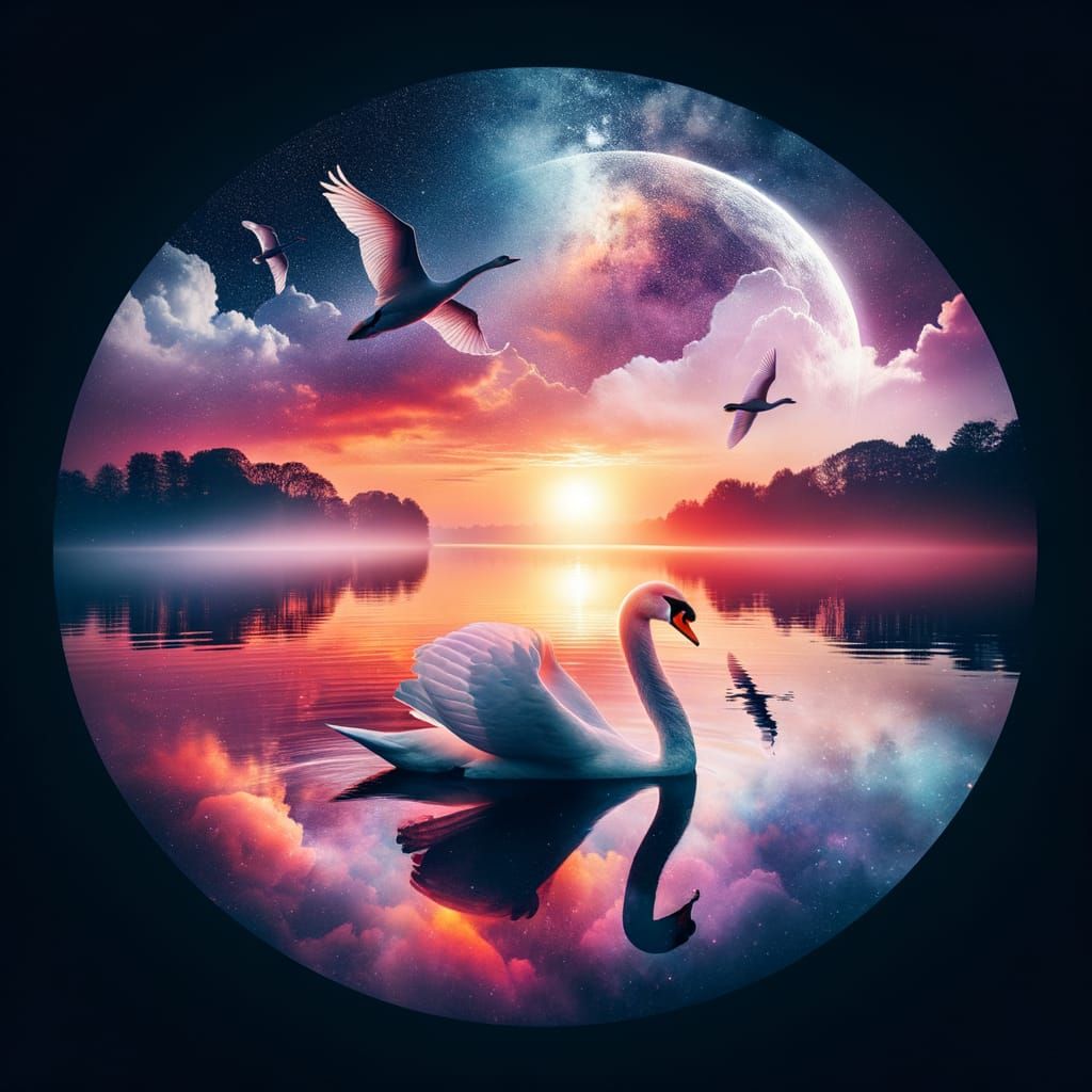 Swan on Lake at Fiery Sunset Double Exposure