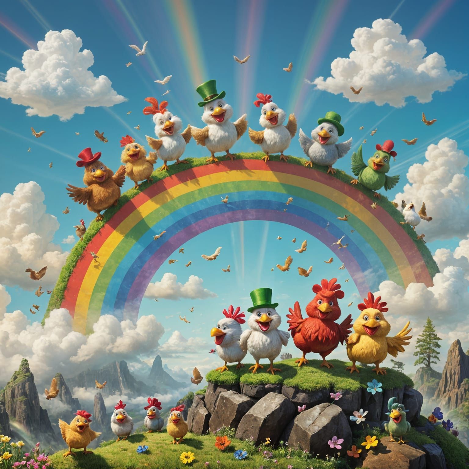 Whimsical Farm Animals Slide Down Rainbow with Leprechauns