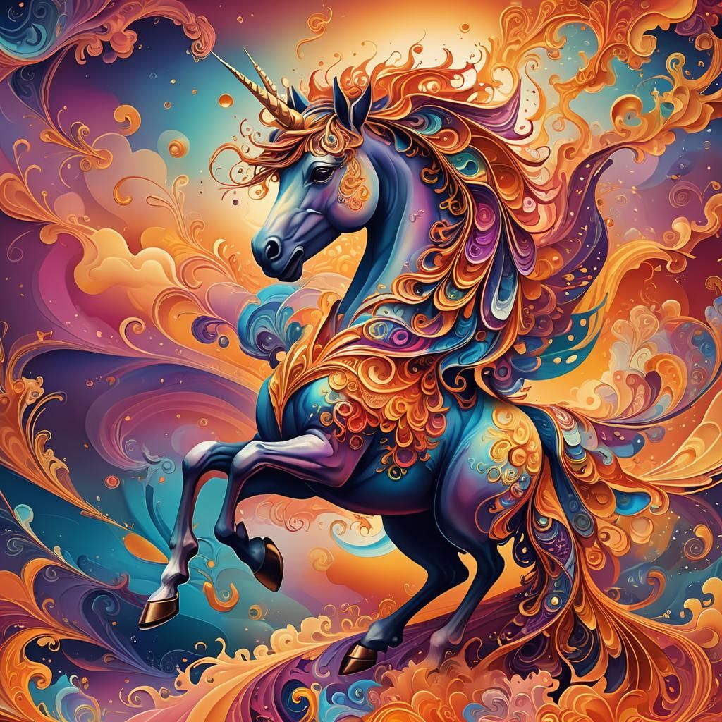 Psychedelic Flying Unicorn at Sunset: Abstract Digital Art