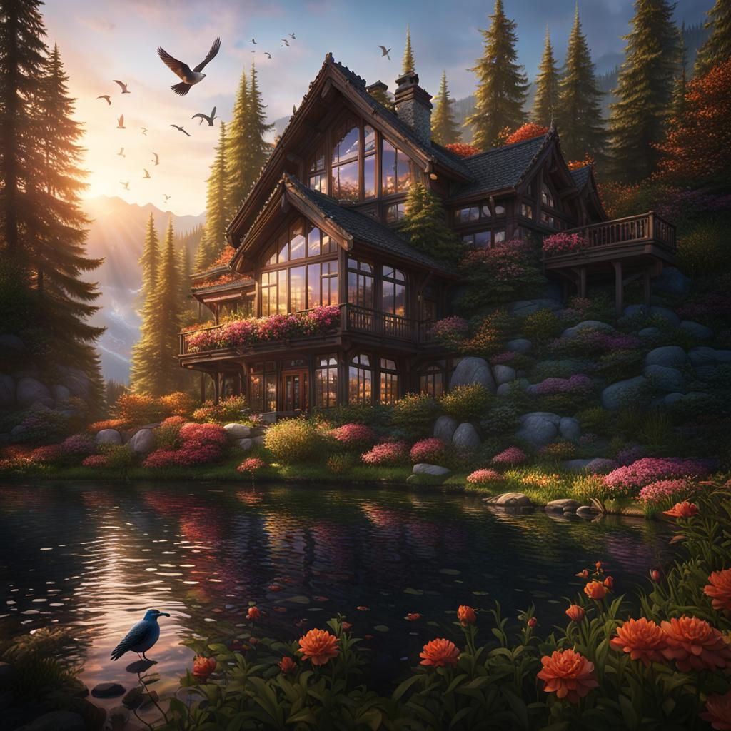 Lake House at Sunrise: Fantasy Concept Art